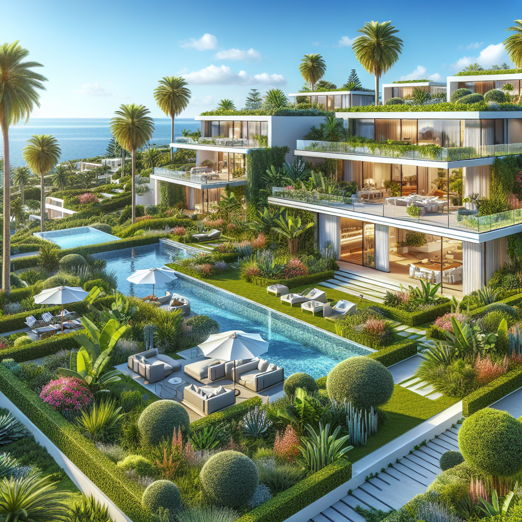 A luxury estate in the Canary Islands with modern architecture, lush gardens, and an ocean view.