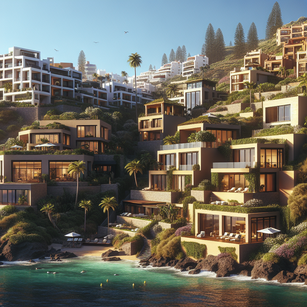 A realistic depiction of Santa Cruz de Tenerife real estate, featuring a blend of architectural styles and lush surroundings.