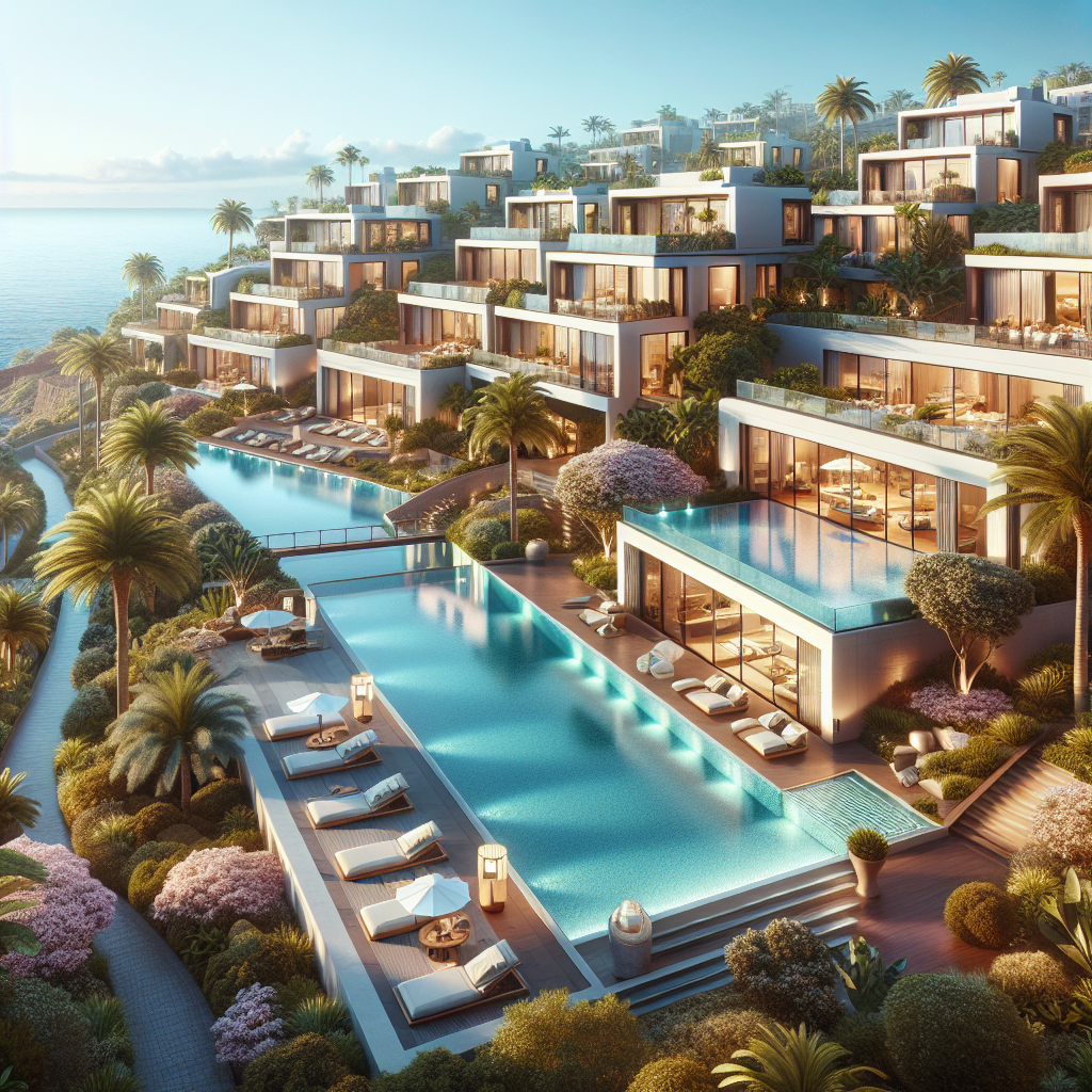 Luxury estates in the Canary Islands with modern architecture, infinity pools, and lush greenery.