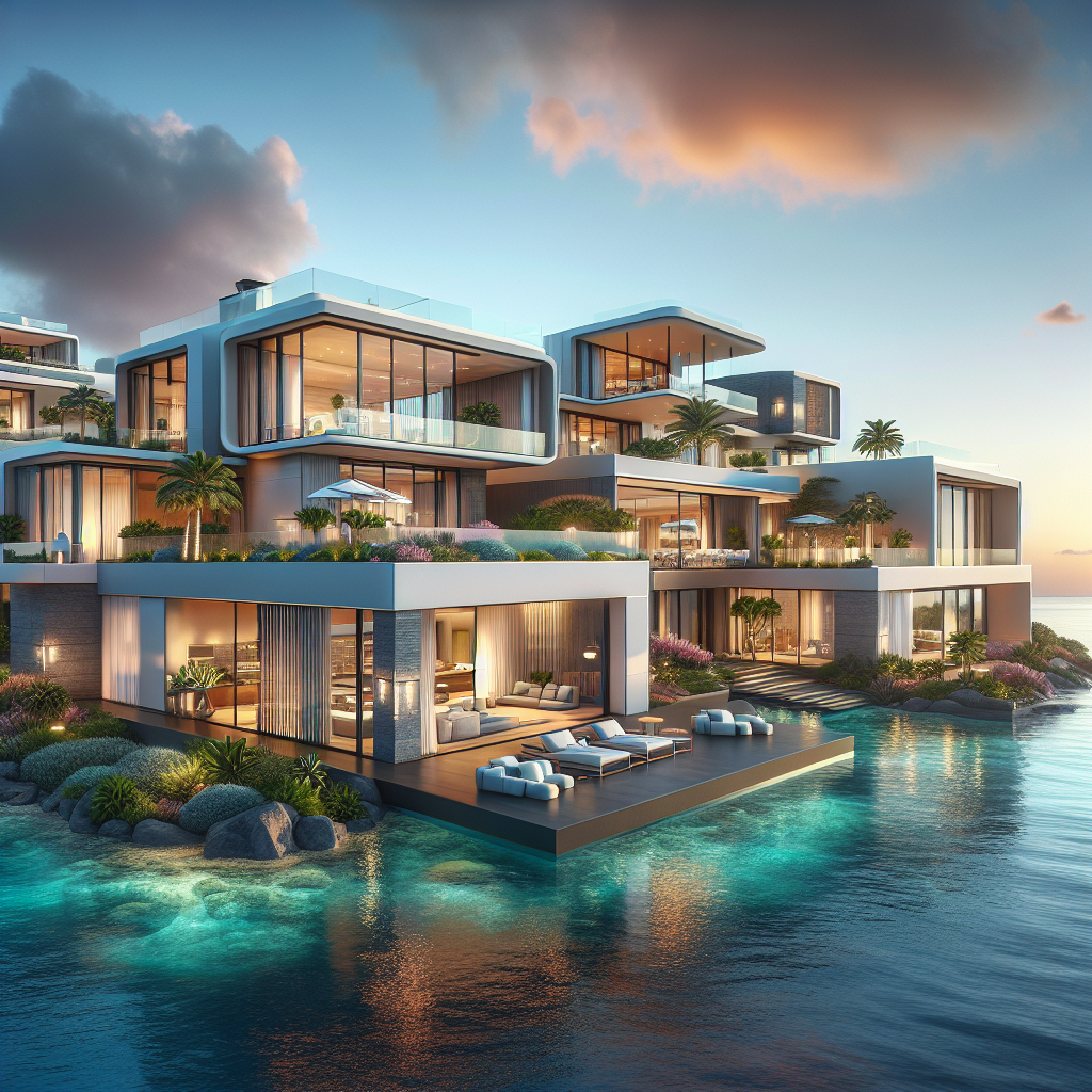 A realistic depiction of luxurious villas along the Canary Islands shoreline during sunset.