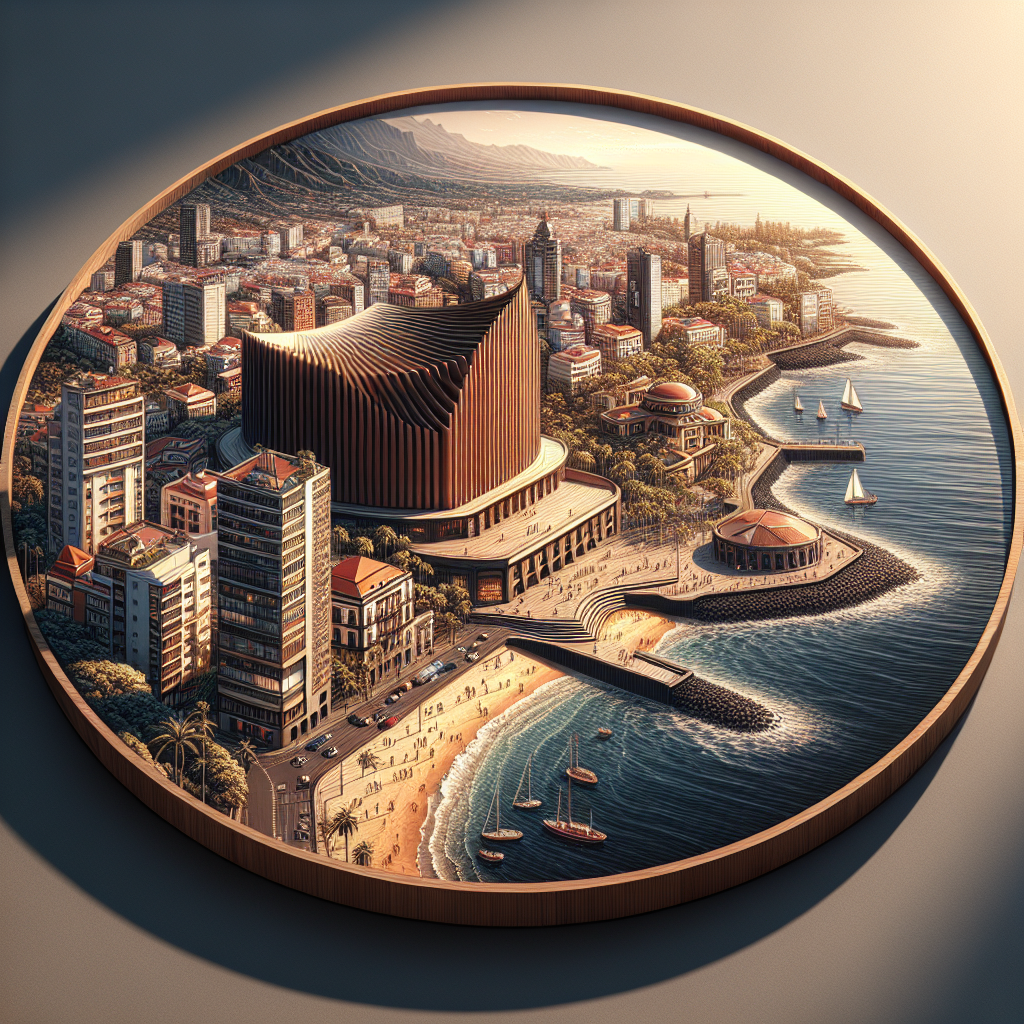 A realistic depiction of Santa Cruz de Tenerife featuring its vibrant cityscape, detailed architecture, bustling streets, and natural scenery.