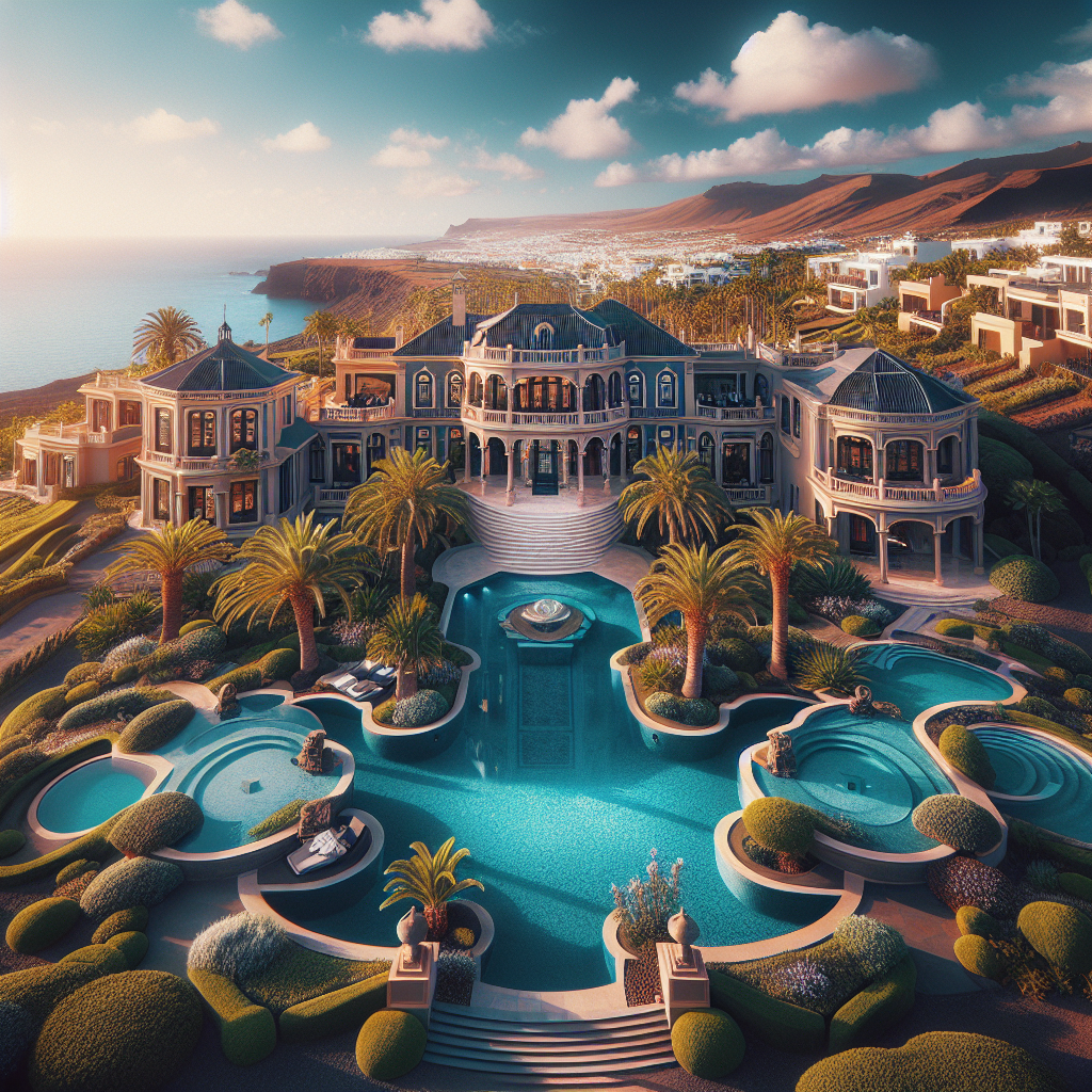 A luxury estate in the Canary Islands with a mansion, gardens, infinity pool, and ocean view.