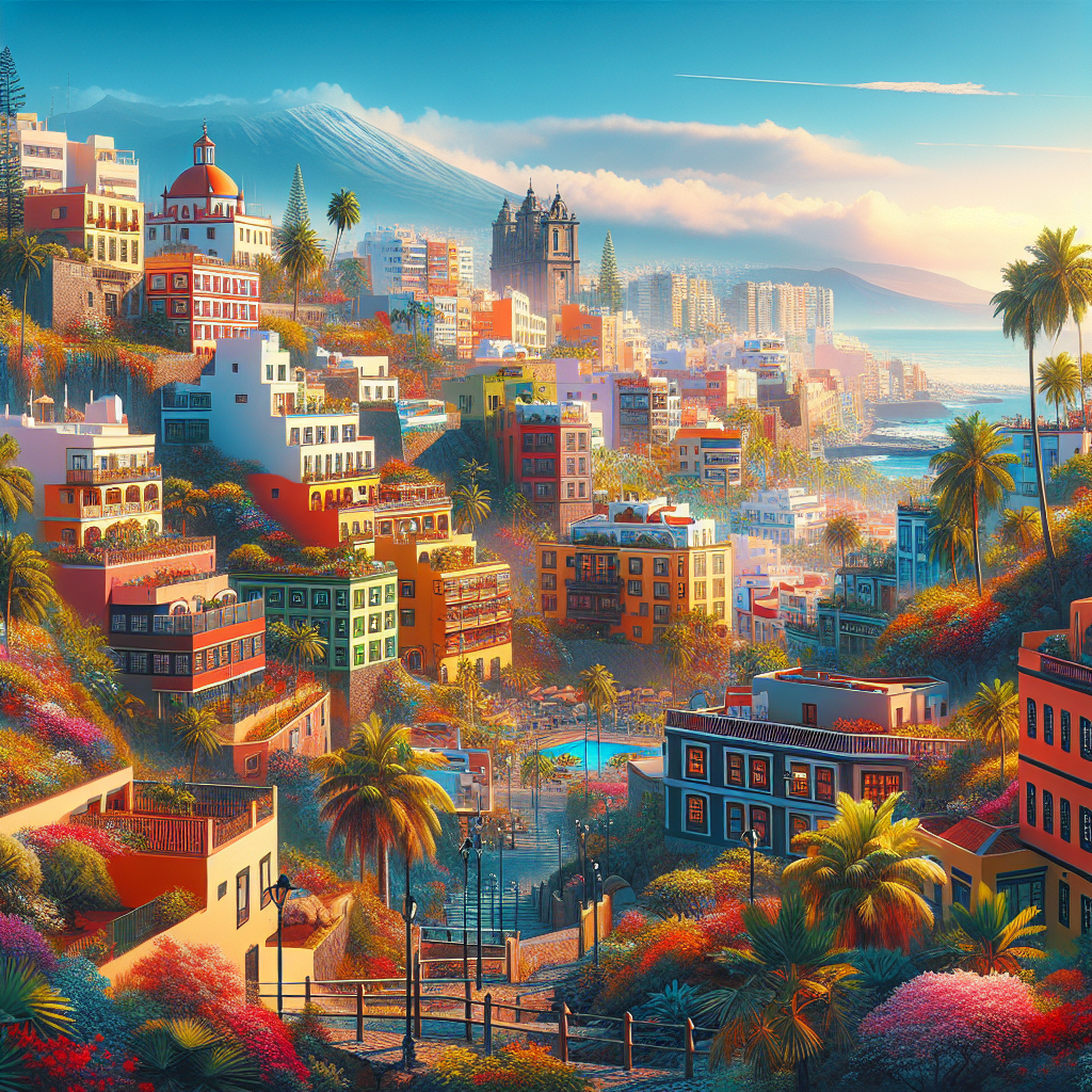 Realistic cityscape of Santa Cruz de Tenerife with colorful buildings and natural surroundings.