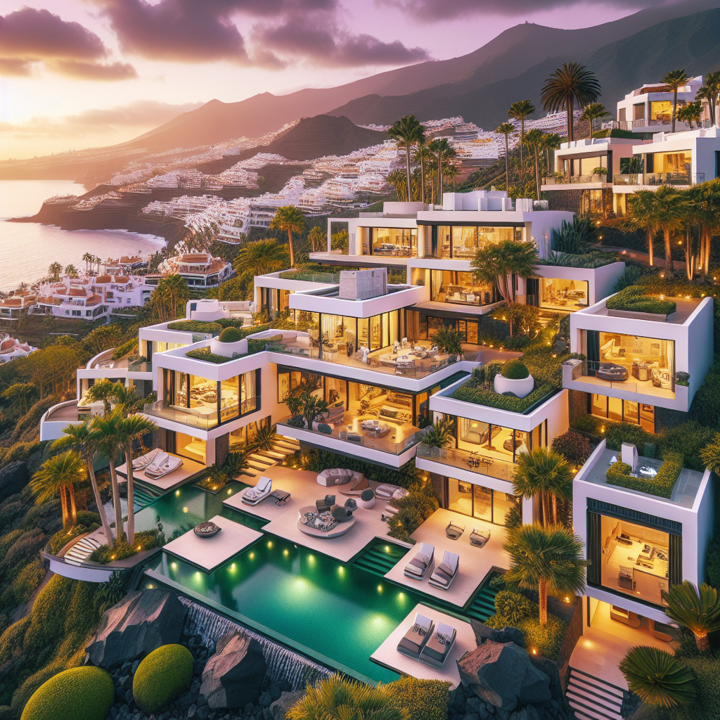 Luxury homes in Santa Cruz de Tenerife with a coastal view and lush greenery.