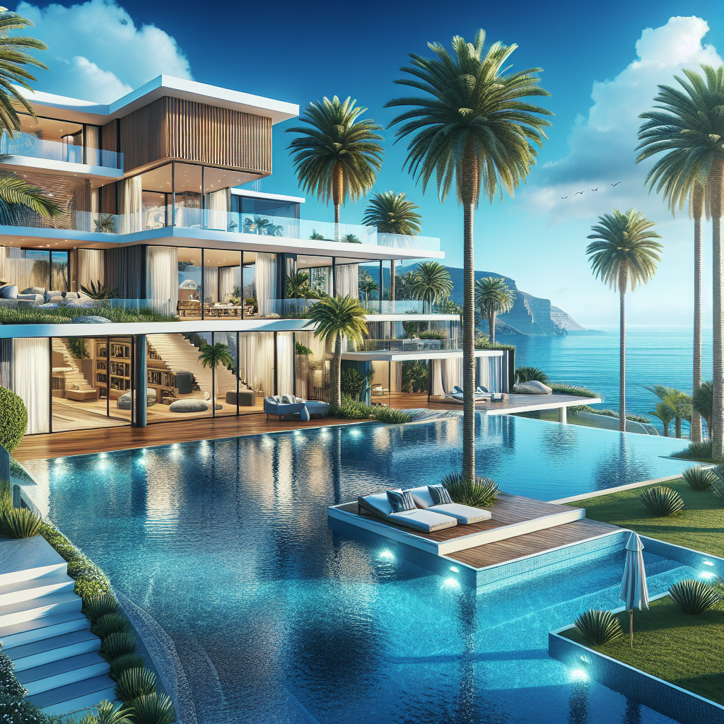 Realistic image of luxury properties in the Canary Islands with modern architecture, lush landscapes, and ocean views.