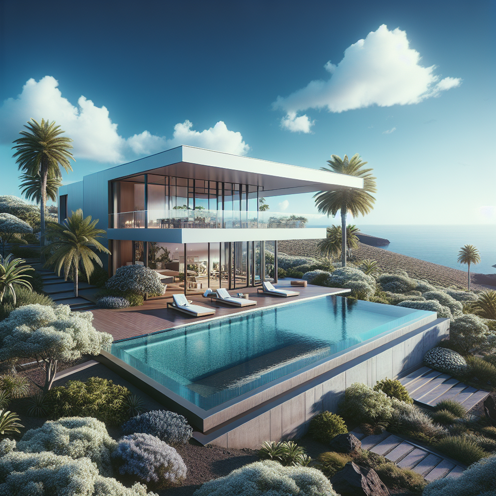 A luxurious modern villa in the Canary Islands with an ocean view and elegant design elements.