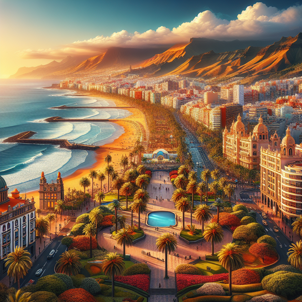 A realistic image of Santa Cruz de Tenerife featuring its coastline, prominent buildings, and lush greenery.