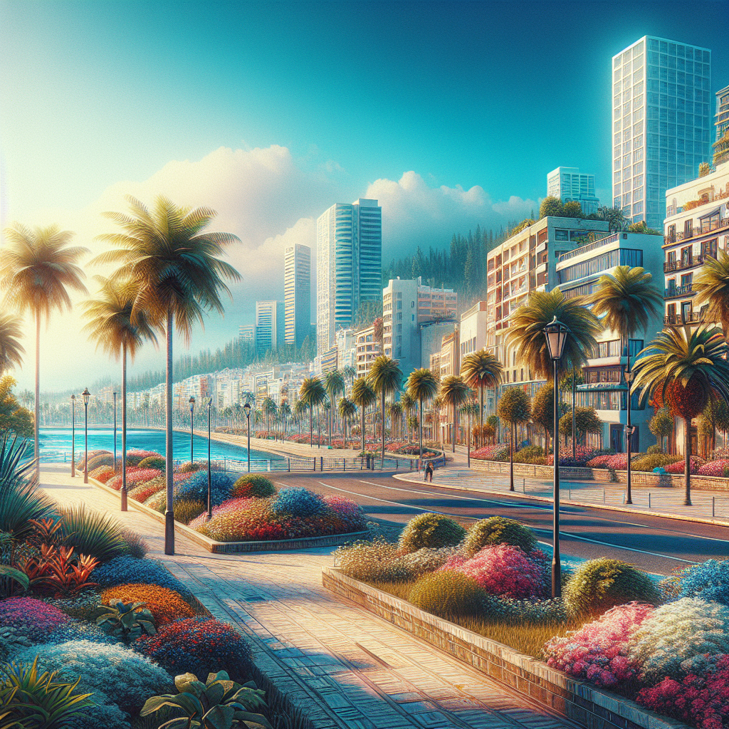 A realistic depiction of Santa Cruz de Tenerife real estate with modern and traditional buildings, lush greenery, palm trees, and a clear blue sky.