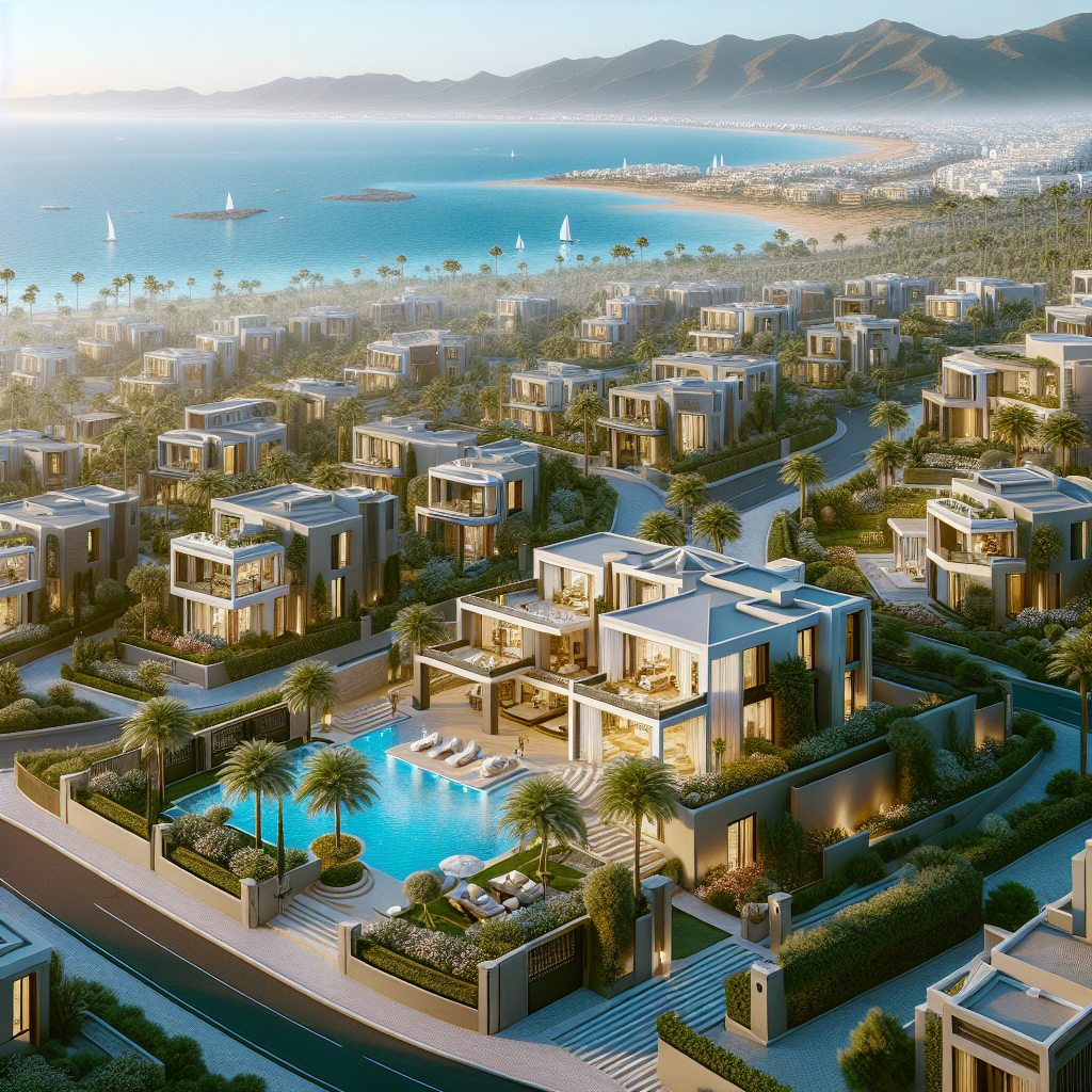 Realistic image of luxury homes in the Canary Islands with sophisticated architecture, lush gardens, and ocean views.