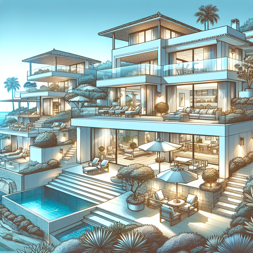 A realistic image of luxury homes in the Canary Islands, featuring modern architecture, large windows, lush gardens, and ocean views.