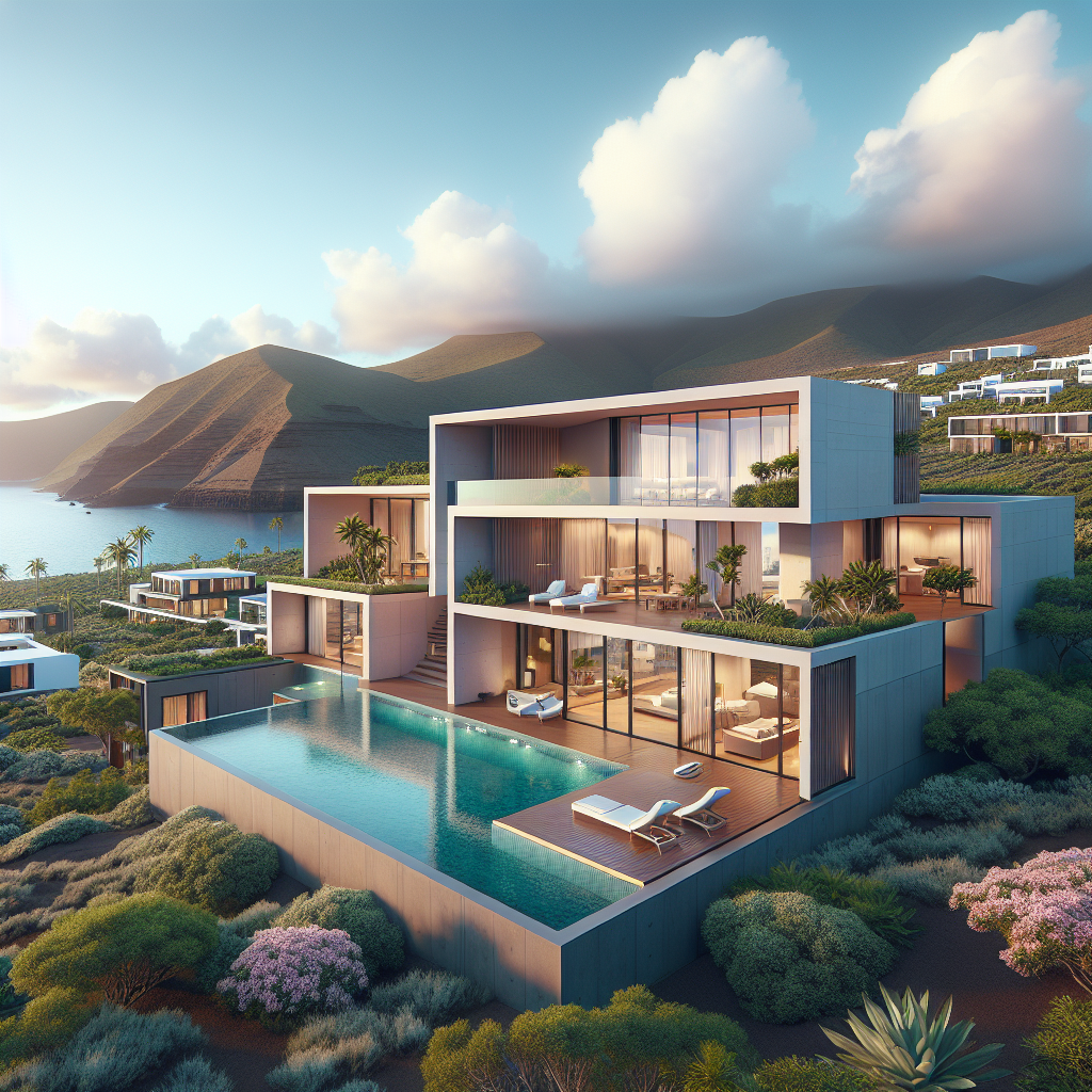 Realistic depiction of luxury homes in the Canary Islands.