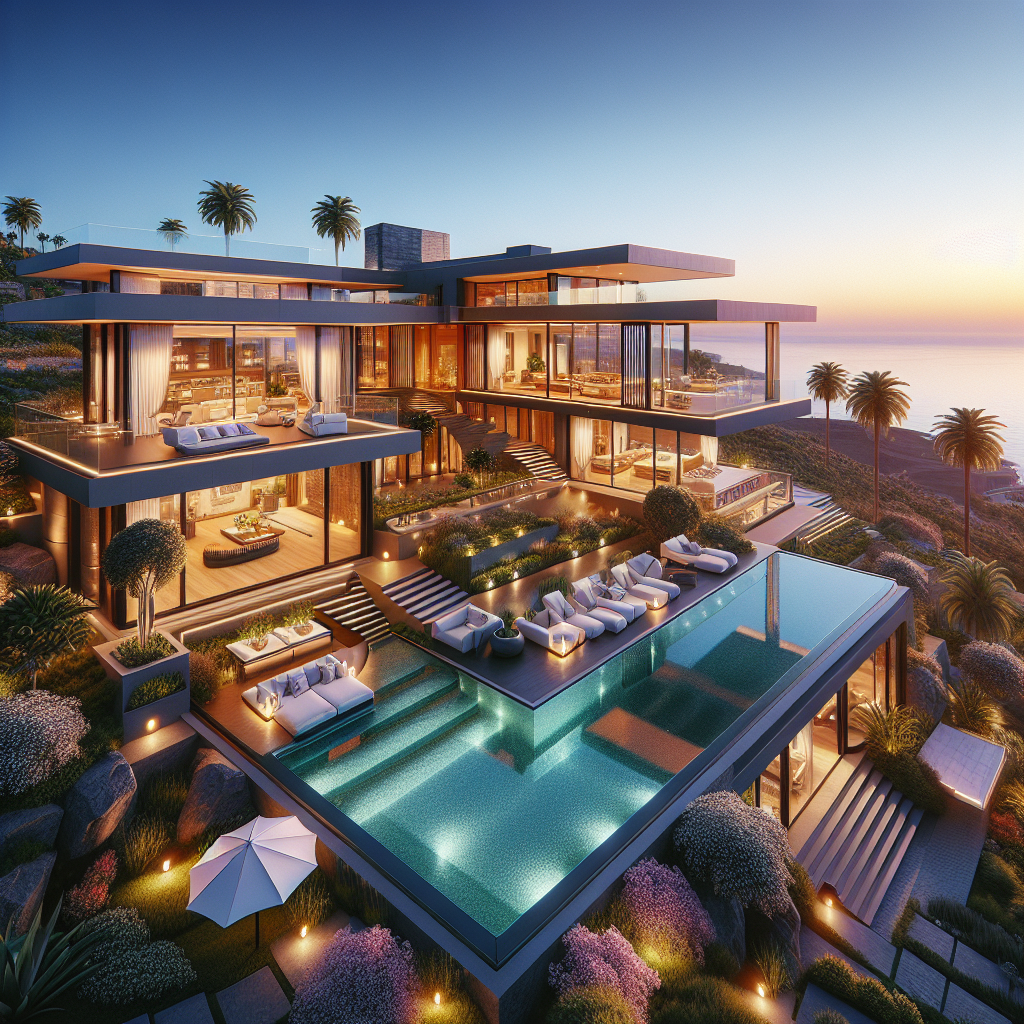 A realistic depiction of a luxurious real estate property in Tenerife with modern design, large windows, an infinity pool, and an ocean view.