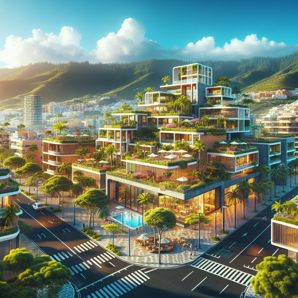 Realistic image of Santa Cruz de Tenerife real estate capturing modern architecture and vibrant surroundings.