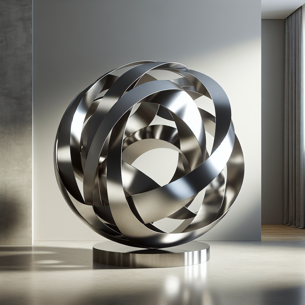 Modern abstract metal sculpture in a home art installation with neutral colors and natural lighting.
