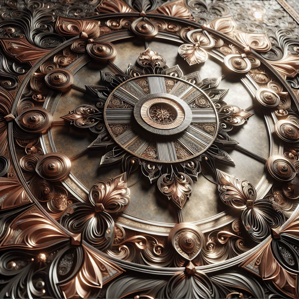 Realistic image of a sophisticated and intricate metal wall art piece by modern artist Christopher Henderson, exemplifying a blend of engineering precision and artistic flair.