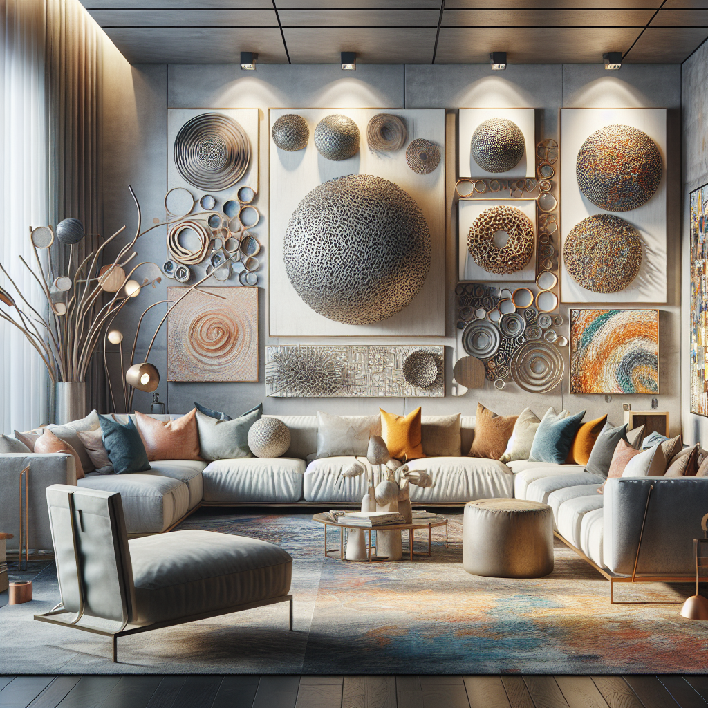 Contemporary living room with modern art installations, featuring a central metal sculpture and abstract paintings, with ambient lighting and stylish decor.