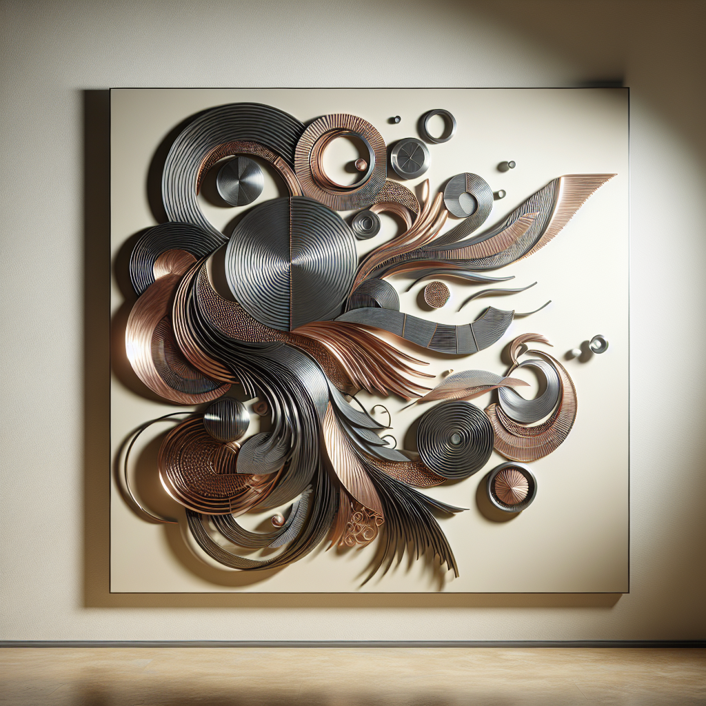 Realistic image of intricate abstract metal wall art by Christopher Henderson, with flowing lines and geometric shapes in steel and copper, set against a plain wall with ambient lighting.