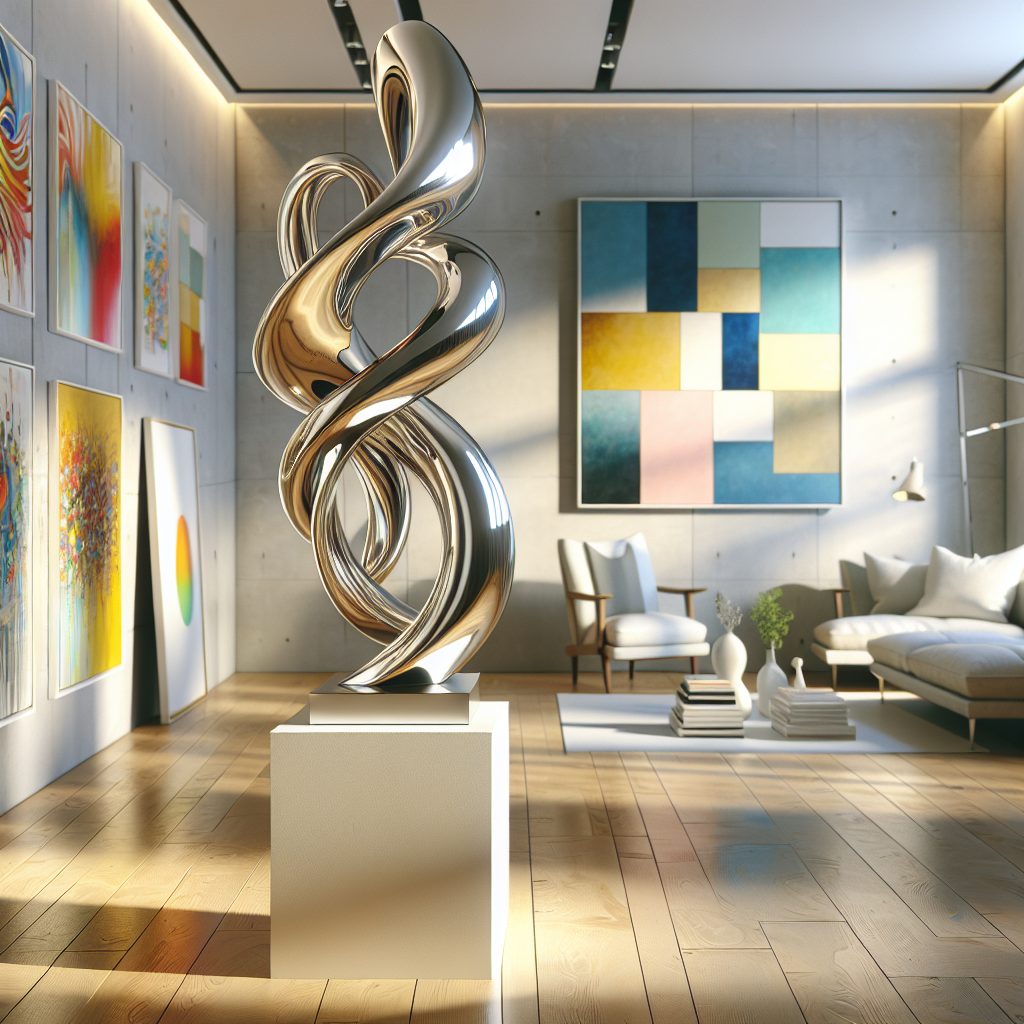 A realistic home interior featuring a Christopher Henderson metal sculpture on a white pedestal, surrounded by abstract paintings on the walls and modern furniture, all bathed in soft, natural light.