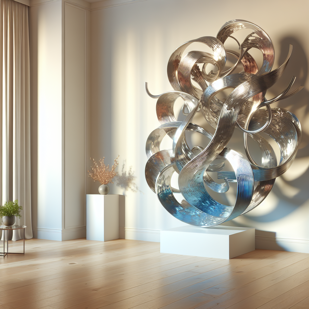 A modern, elegant room with a shimmering, abstract metal wall sculpture by Christopher Henderson, illuminated by natural light.