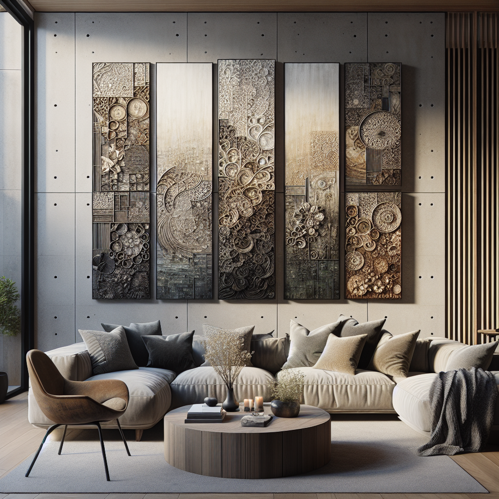 A realistic image of multi-panel wall art in a modern living room setting.