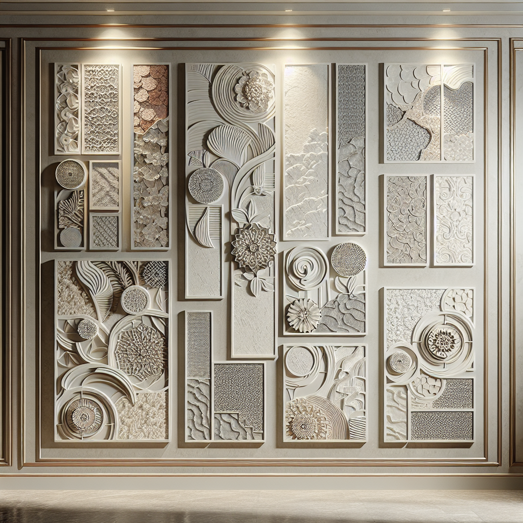 Realistic wall art panels with intricate designs and textures.