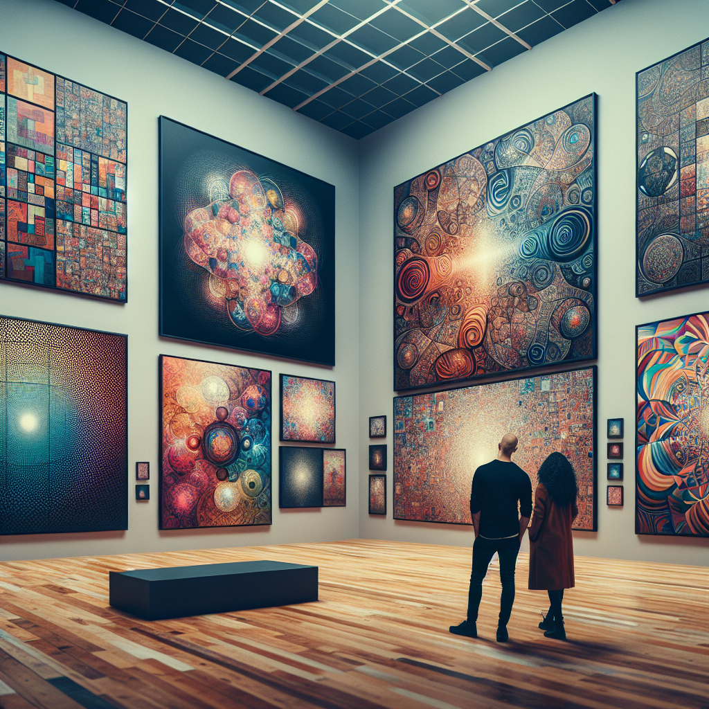 A realistic image of an art gallery showcasing modern artwork with visitors admiring the pieces.