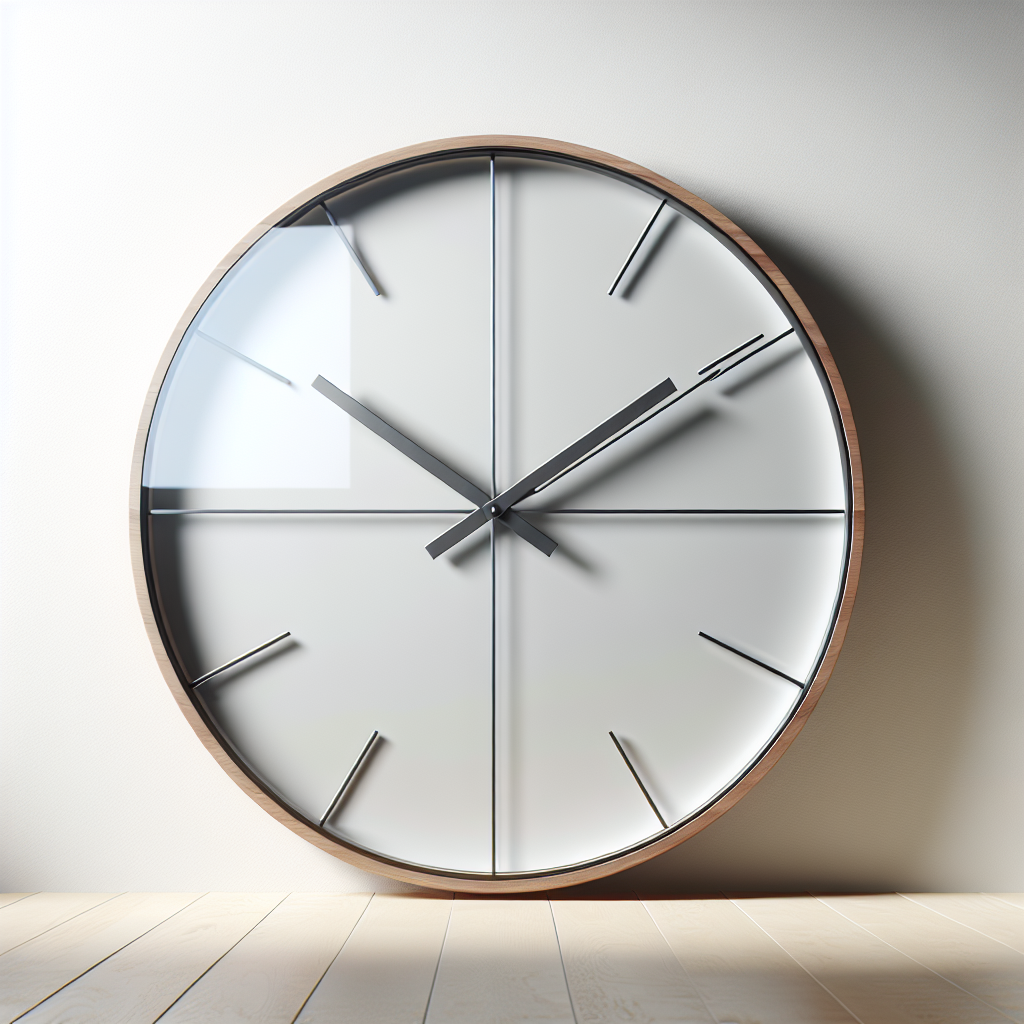 A modern, minimalist wall clock on a white wall.
