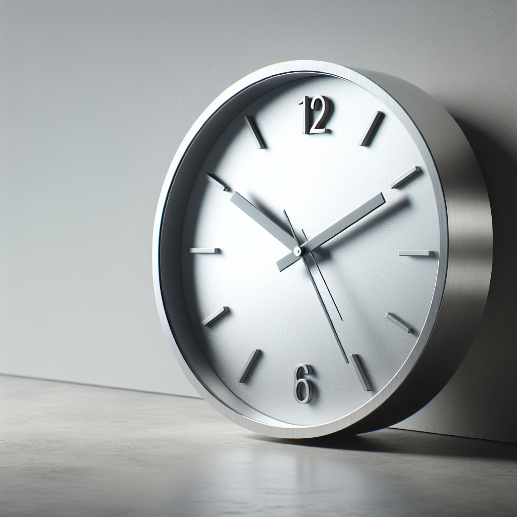 A modern, minimalist clock with a sleek design, clean lines, and high-quality materials.