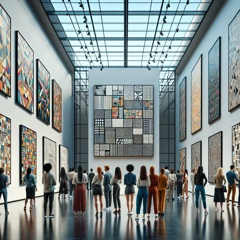 A realistic depiction of a modern art gallery with visitors observing contemporary artwork.