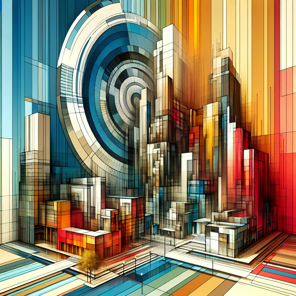 A realistic modern art scene featuring urban abstract architecture with vibrant colors and natural light.