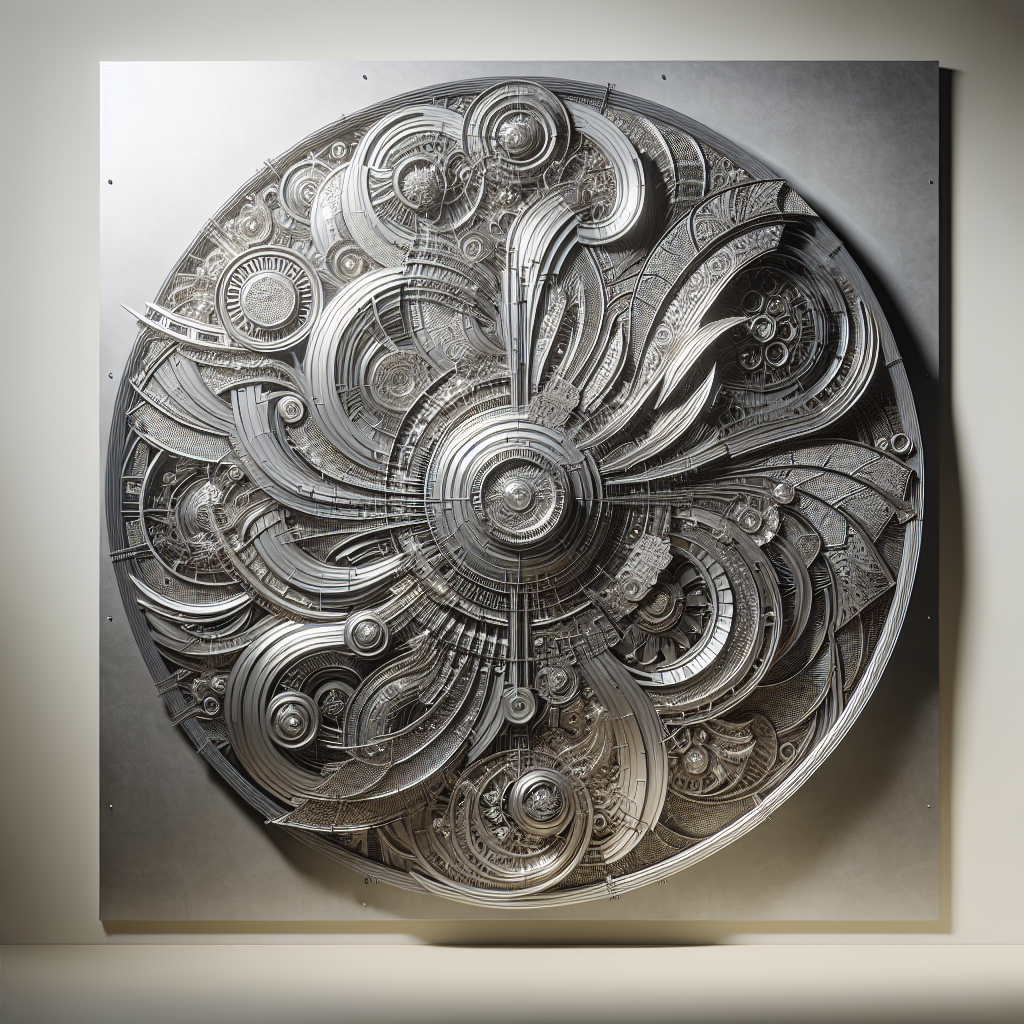 Realistic image of large metal wall art showcasing intricate patterns and metallic texture.