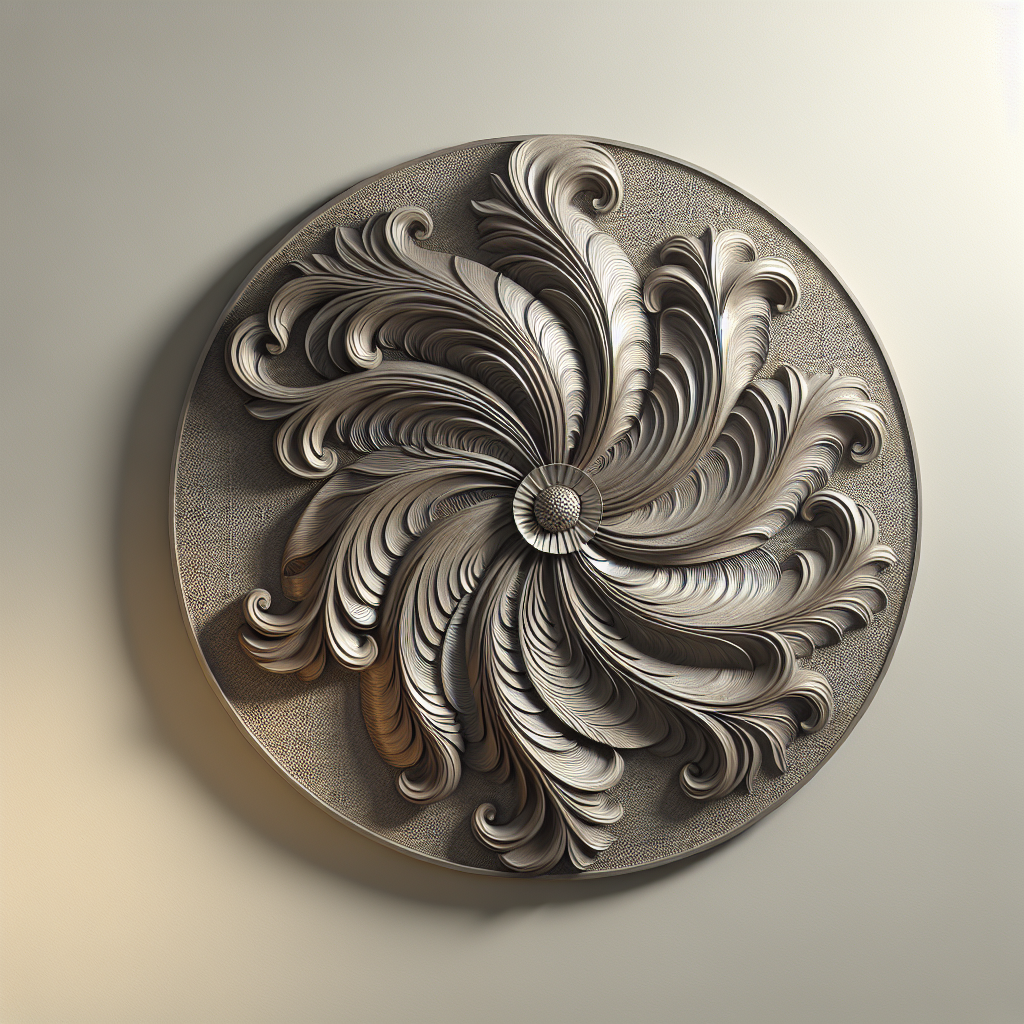 A realistic image of a metal wall decor item with intricate details and textures, reflecting natural light.