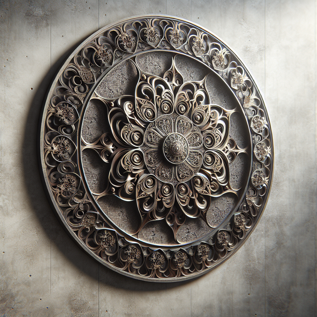 Realistic metal wall decor with intricate patterns and metallic shine.