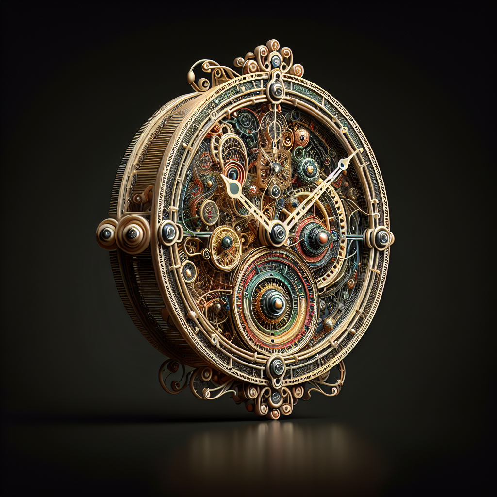 A realistic image of a unique clock with intricate design and colors.