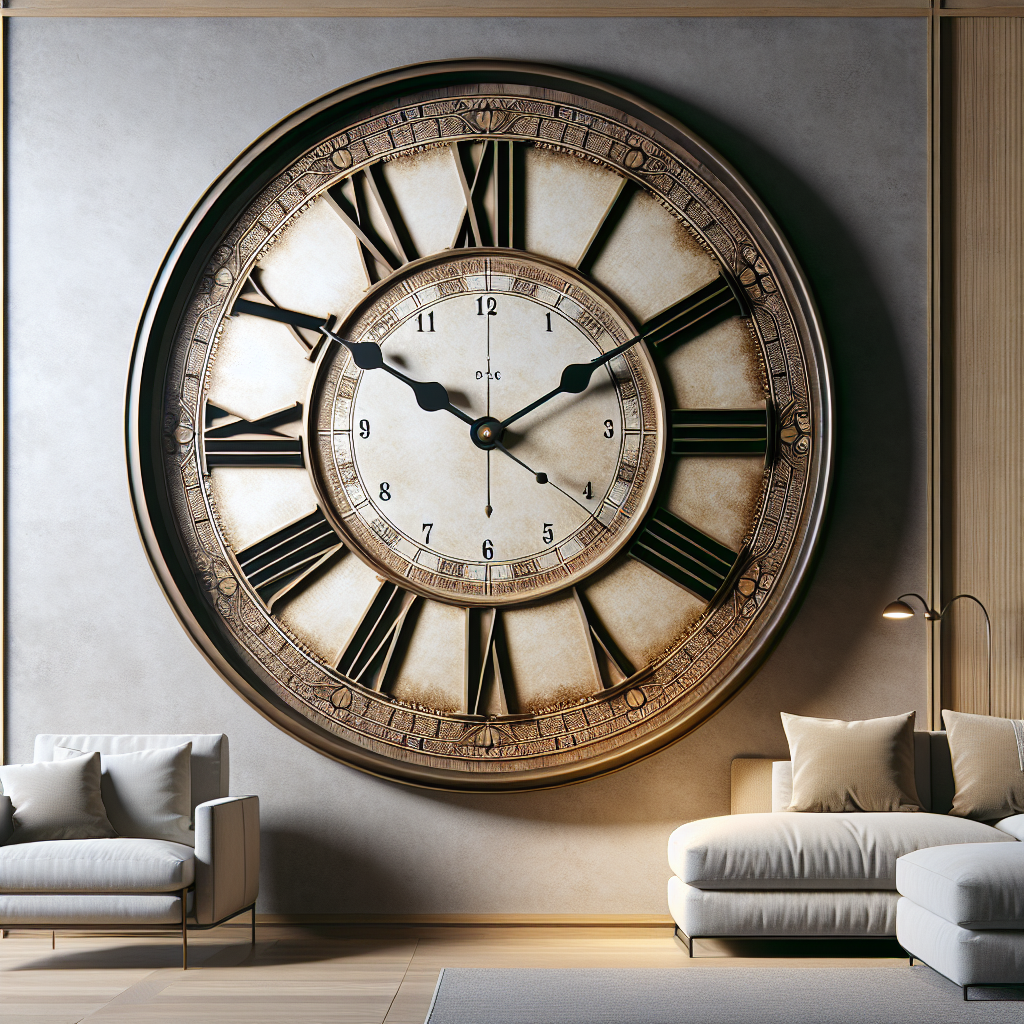 A realistic large wall clock in a modern living room setting.