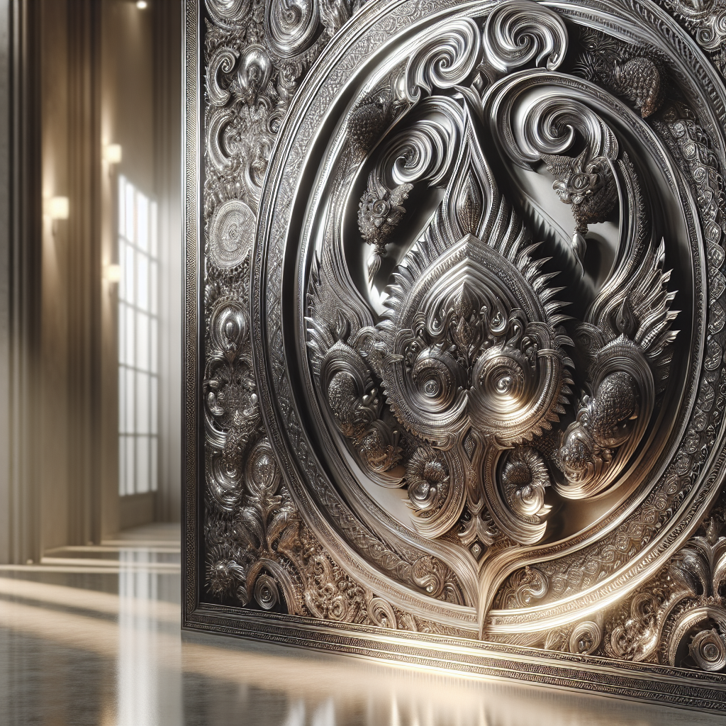 A realistic image of intricately designed metal wall decor in an indoor setting.