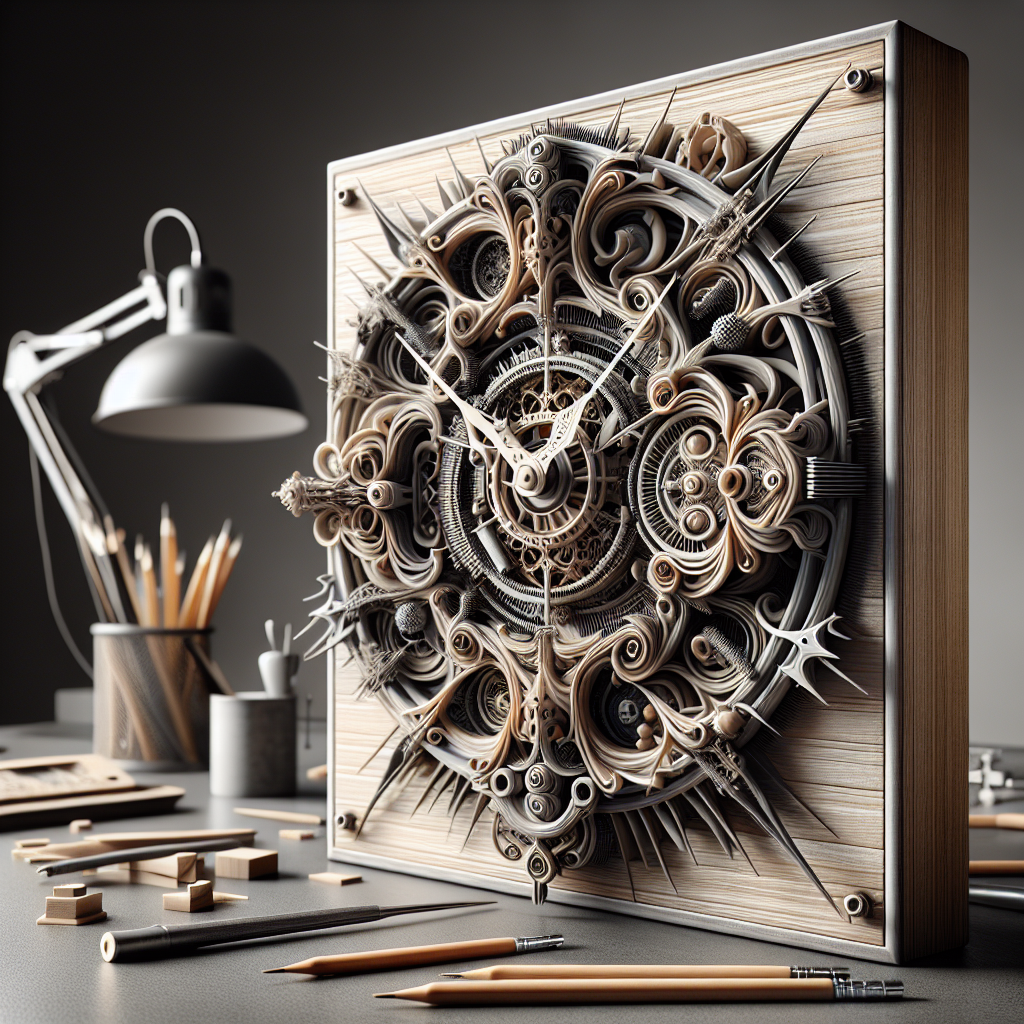 A realistic depiction of a unique, intricately designed clock.