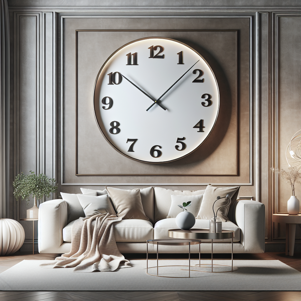 A large wall clock in a modern living room setting.