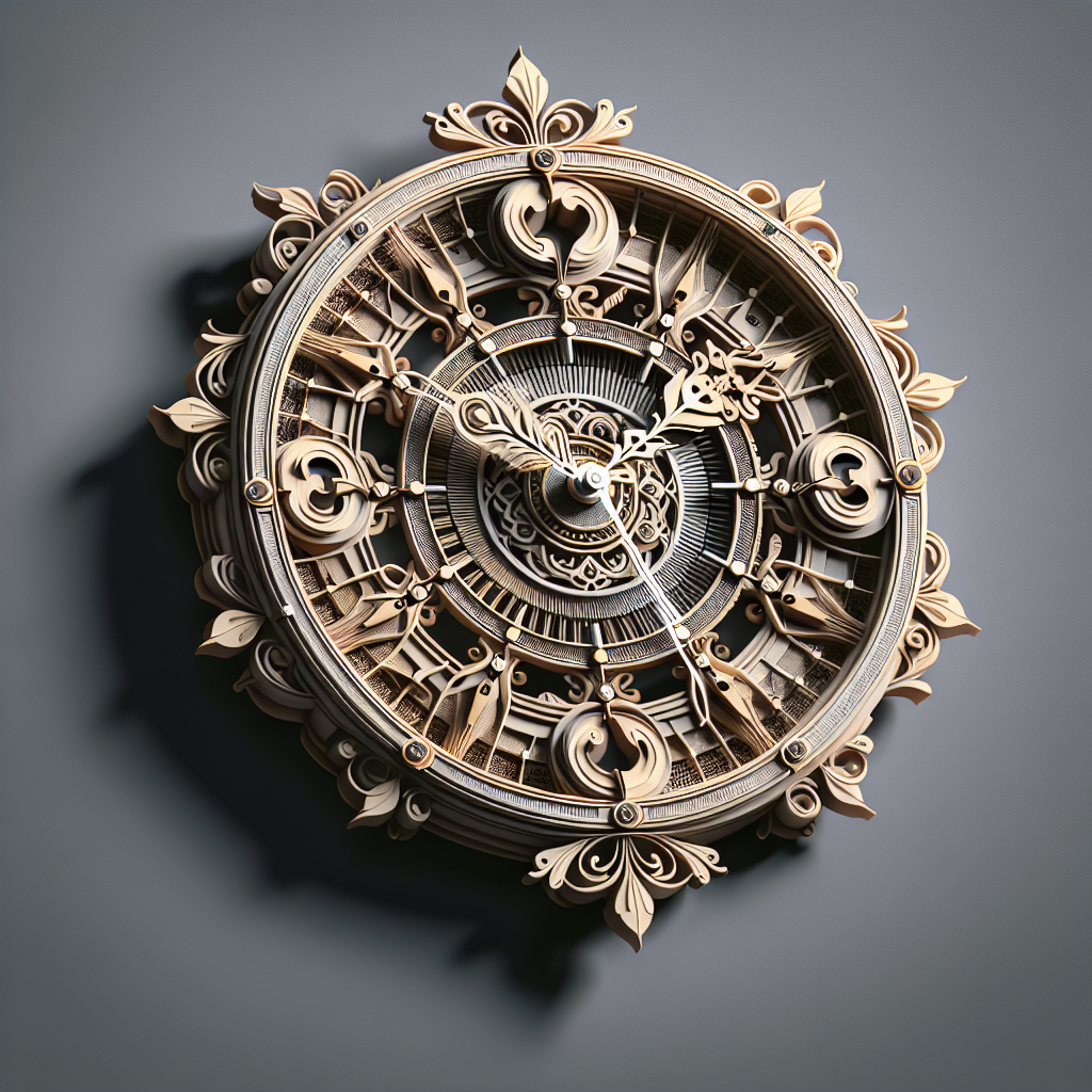 A realistic depiction of a unique clock with intricate designs and detailed features.