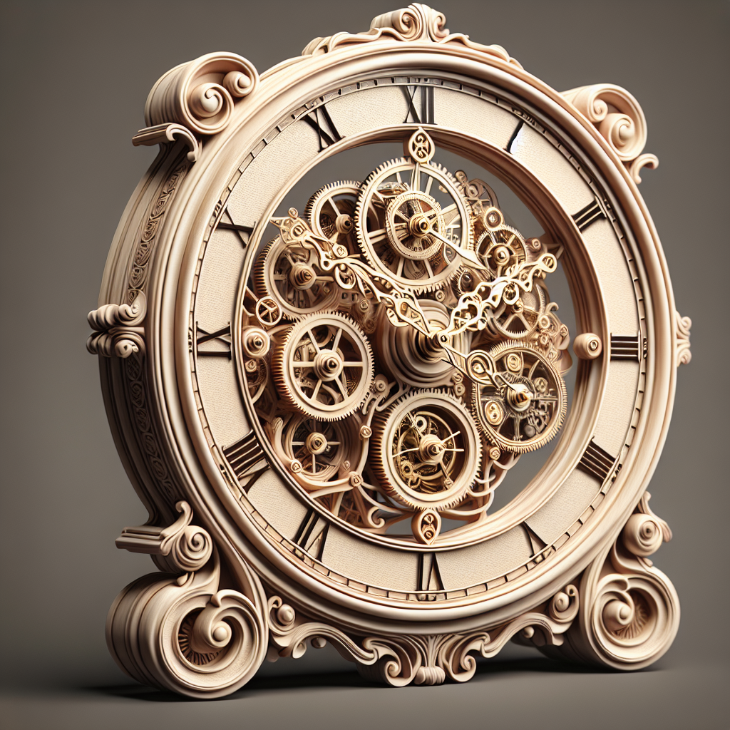 A realistic image of an intricately designed vintage clock with visible gears and Roman numerals.