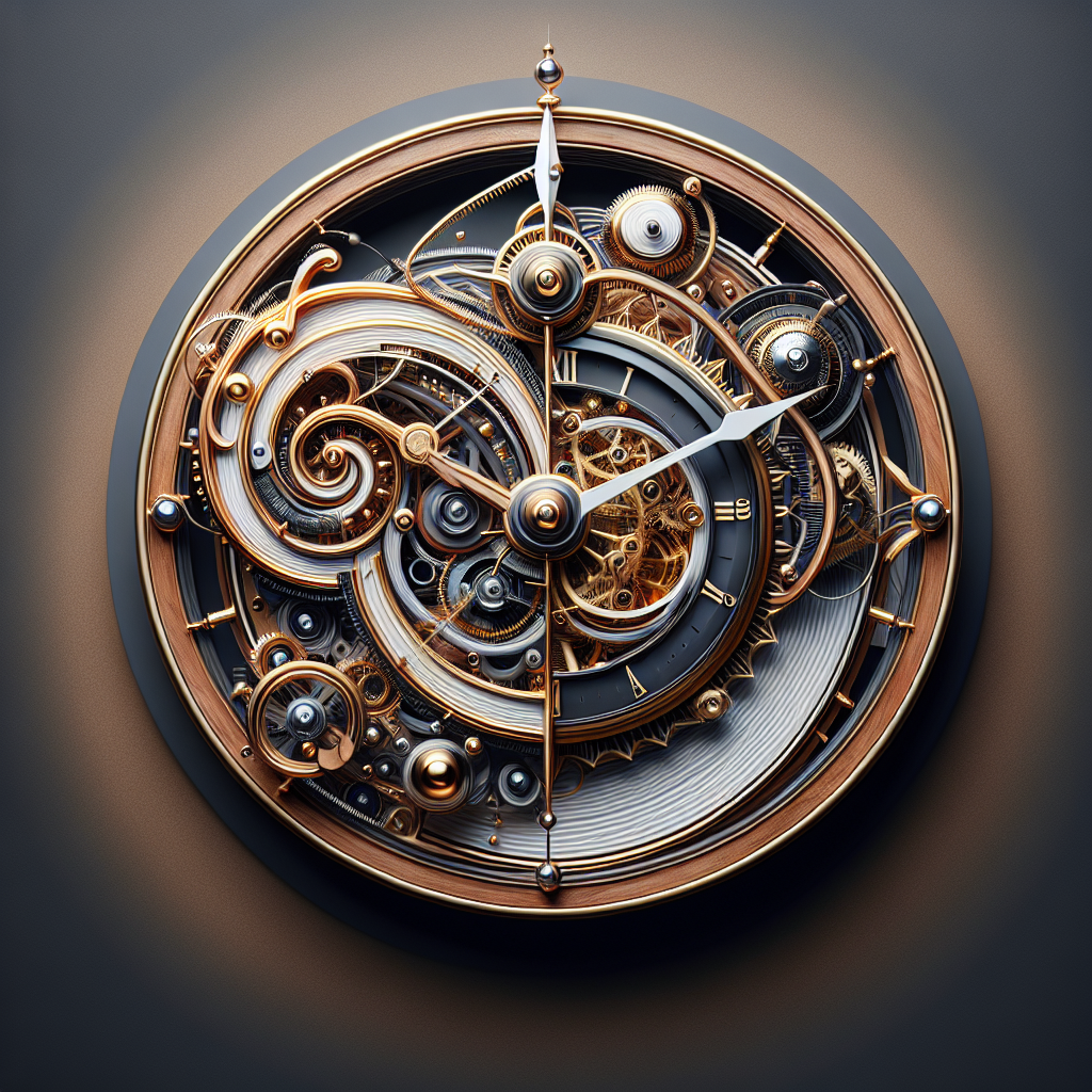 A realistic image of a uniquely designed clock with intricate details.