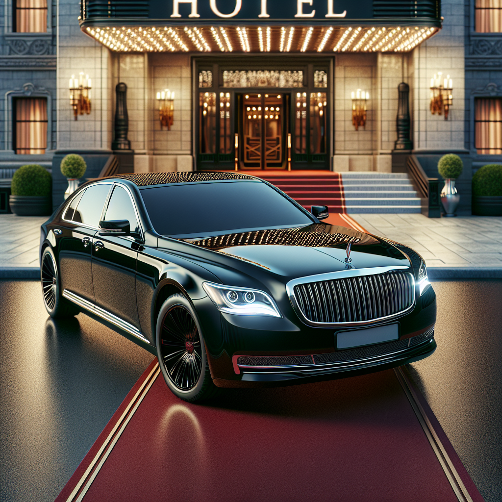 A black luxury sedan parked in front of an upscale hotel entrance.