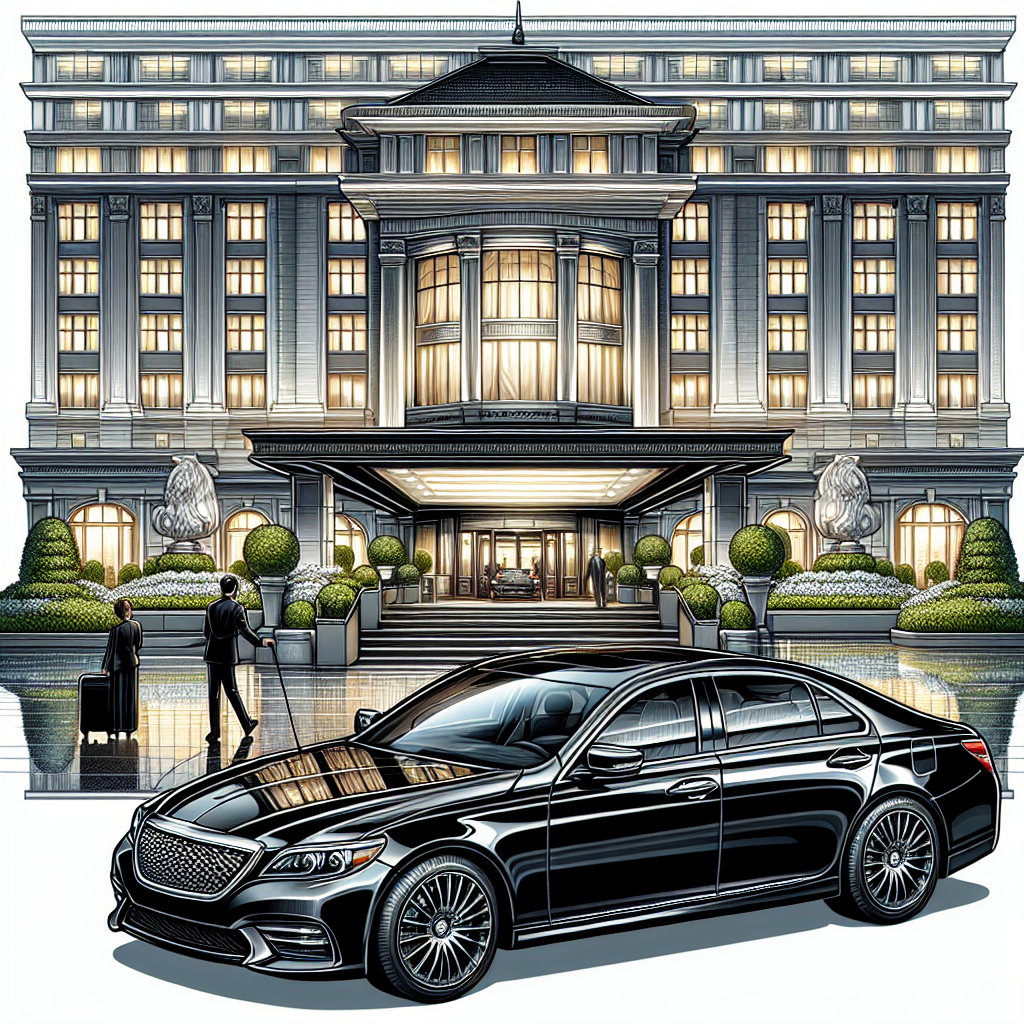 A black luxury sedan parked in front of a high-class hotel entrance.