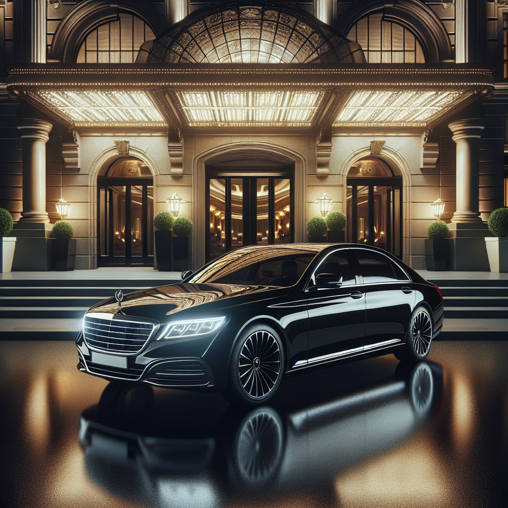 A black luxury sedan parked in front of an upscale hotel entrance, reflecting exclusivity and professional service.