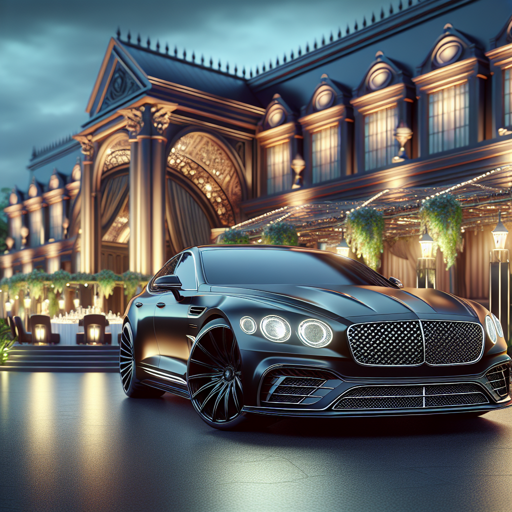 A sleek black luxury car parked in front of a posh event venue at dusk with soft, classy lighting.