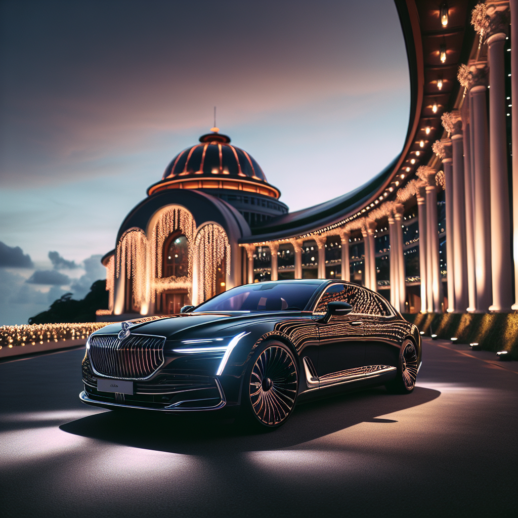 A sleek black luxury car parked in front of a high-end event venue at dusk.