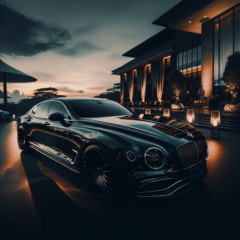 Realistic image of a sleek black luxury car parked in front of an opulent event venue at dusk, with soft lighting highlighting the car.