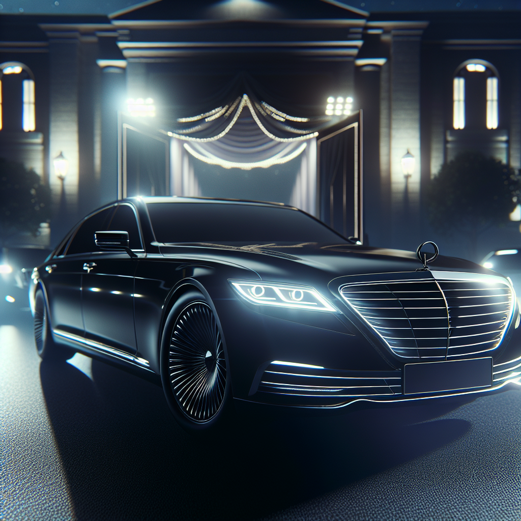 A sleek black luxury car parked in front of an upscale event venue at dusk with soft lighting.