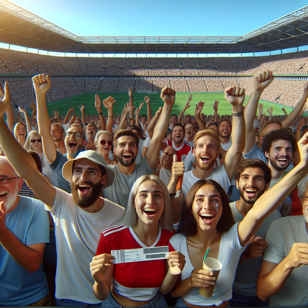 Excited sports fans in a stadium on a sunny day, with hands raised and holding tickets, ready for a big match.