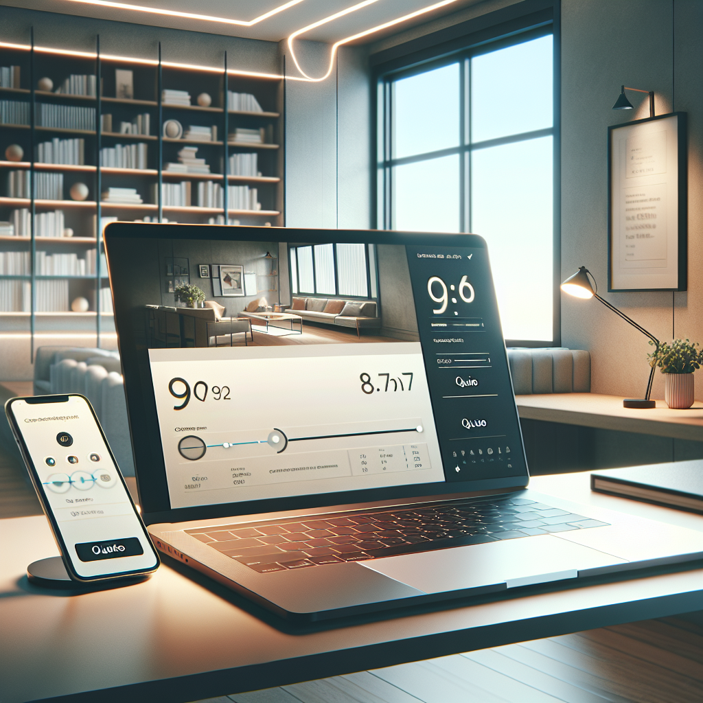 Modern home office setup displaying an online queue system on a laptop and smartphone.